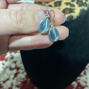 Silver Tone Cat Eye Pierced Earrings With a Teardrop Shaped Blue-Gray Faux Stone